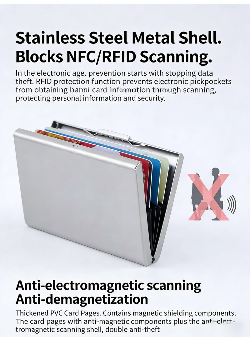 RFID Blocking Stainless Steel Card Holder (Brushed Silver), Multi-Slot Metal Card Case, Portable ID & Credit Card Wallet - Image 1